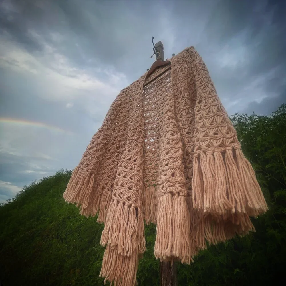 NEW Dreamy Boho One-Size Warm Bone/Cream Cozy Handmade Crochet Fringe Shawl/Cape - Picture 2 of 16